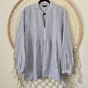 Lands End 100% Linen Blue Striped Pintuck Popover Resort Tunic Coverup Top XL